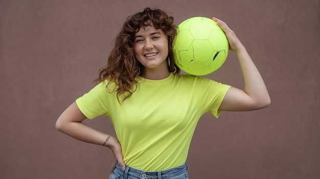 Photo a woman holding a soccer ball with a soccer ball on her head