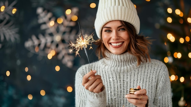 Photo a woman holding sparklers in front of a christmas tree