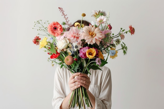 Woman Holding Spring Wedding Bouquet Against White Background