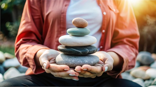 Photo a woman holding a stack of rocks with the word stack on it