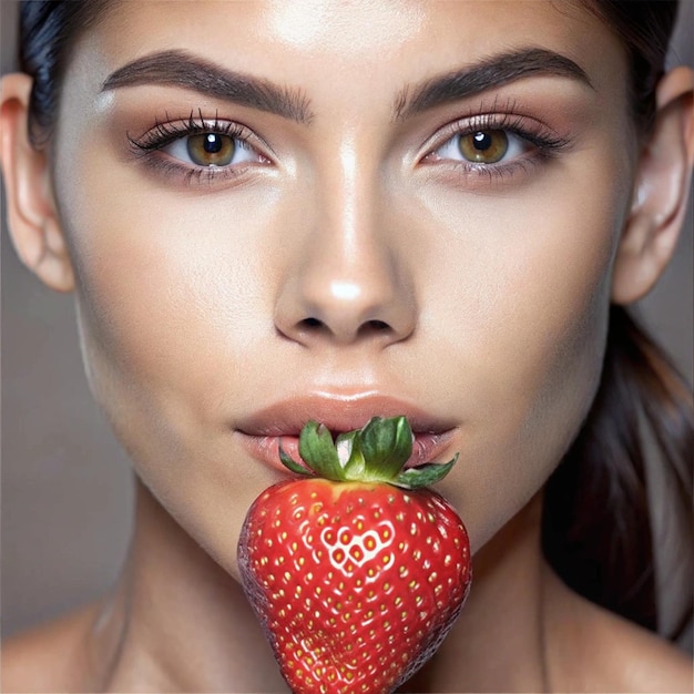 Photo woman holding a strawberry close to her lips isolated closeup portrait