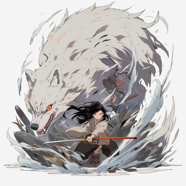 A woman holding a sword in front of a wolf AI generative image Immortal wolf ninja