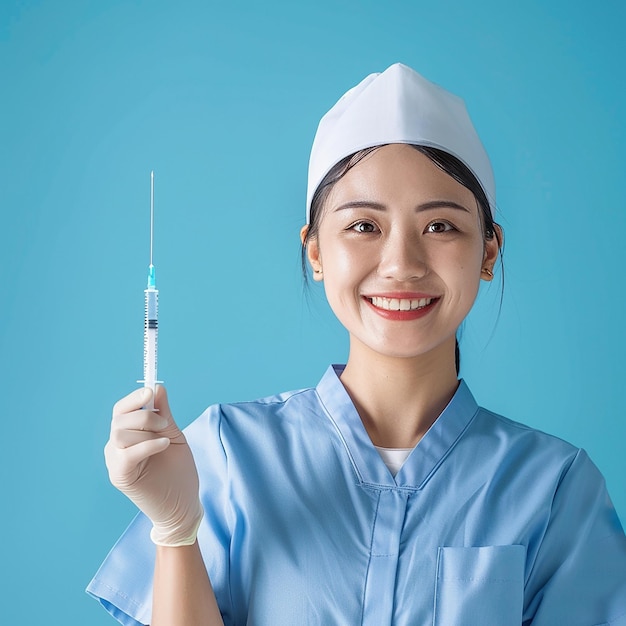 a woman holding a syringe with a syringe in her hand