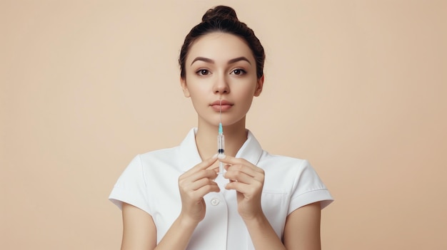 a woman holding a syringe with a syringe in her hand