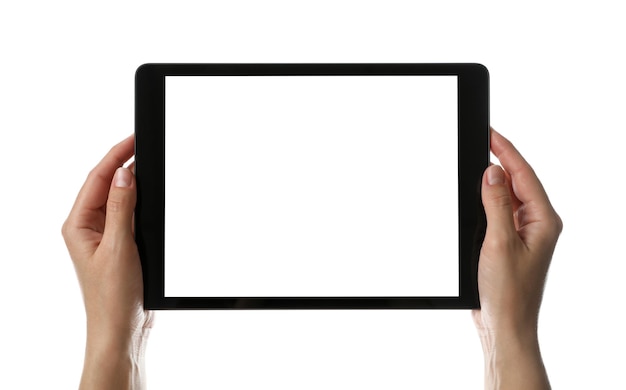 Woman holding tablet computer with blank screen on white background closeup Modern gadget