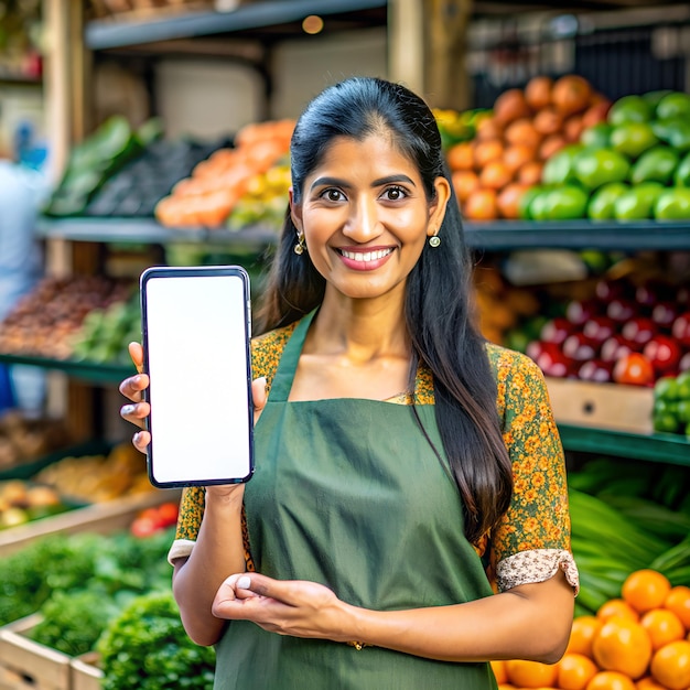 a woman holding a tablet in front of a display of vegetables