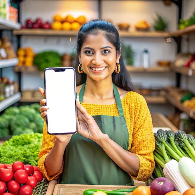 a woman holding a tablet in a grocery store