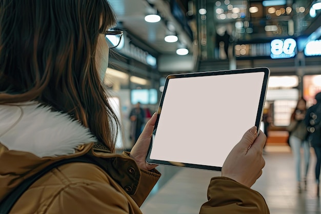 Woman holding tablet mockup and touch display