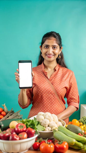 a woman holding a tablet that says quot veggie quot on it