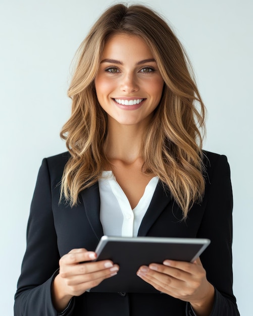 a woman holding a tablet with a smile on her face