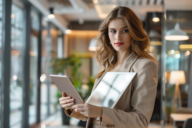 a woman holding a tablet with the word  h  on it