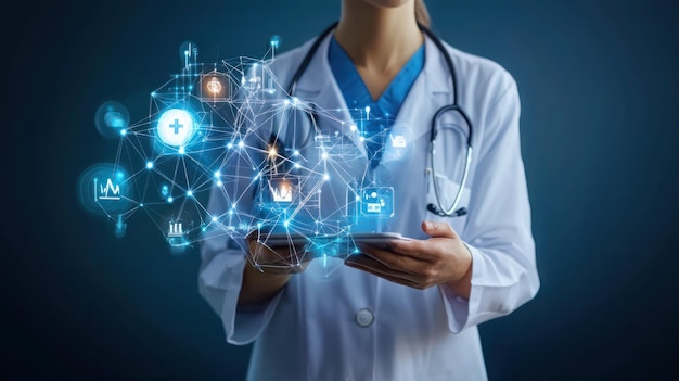 Photo a woman holding a tablet with the words  technology  on it