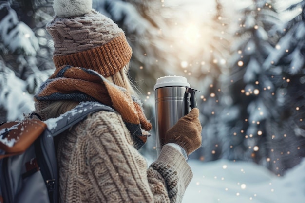 Photo woman holding thermos with hot drink in snowy forest girl with thermos in winter mountain