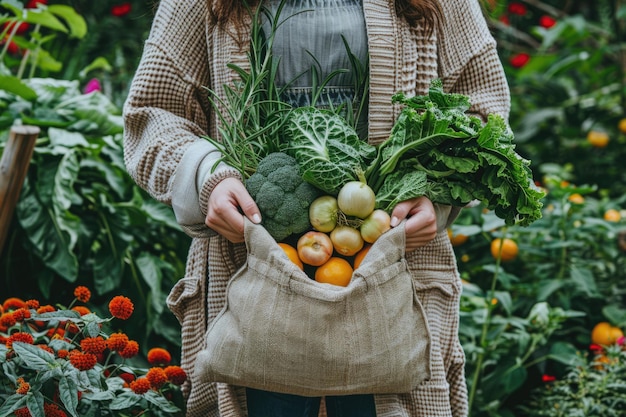 woman holding a tote bag filled with groceries ai generated