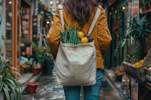 woman holding a tote bag filled with groceries ai generated