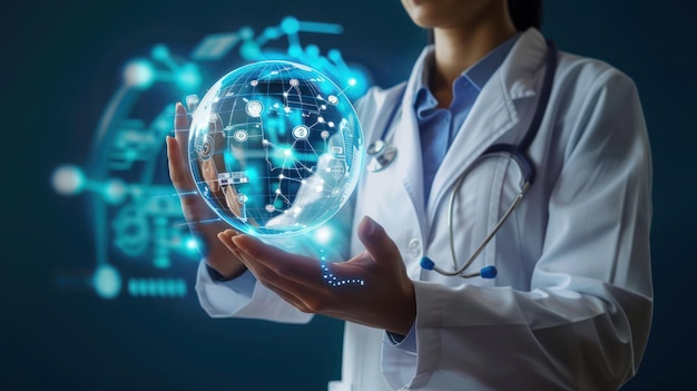 a woman holding a transparent ball with the words technology in the background