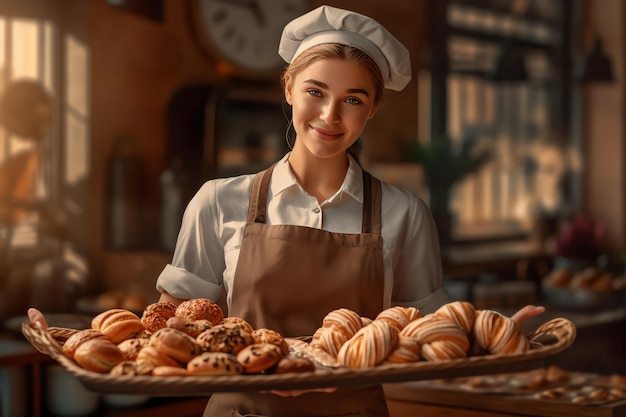 A woman holding a tray of pastries in front of a clock