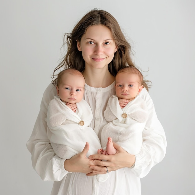 Photo a woman holding two babies in white outfits with two babies