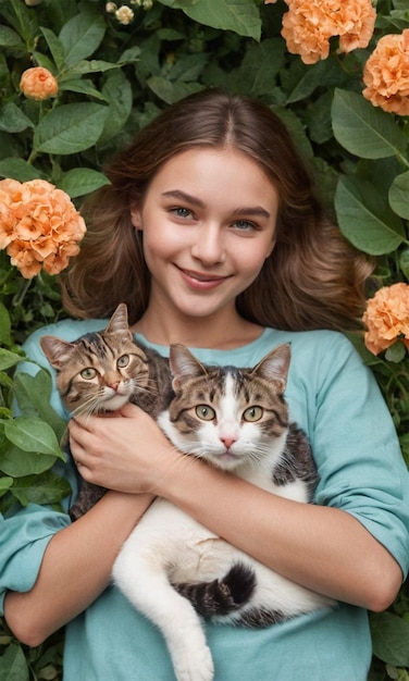 Photo a woman holding two cats in her arms with a cat on her lap