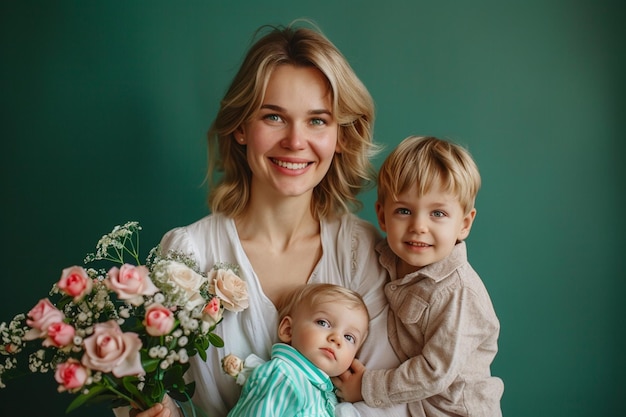 Photo a woman holding two children and one has a bouquet of flowers in her hands