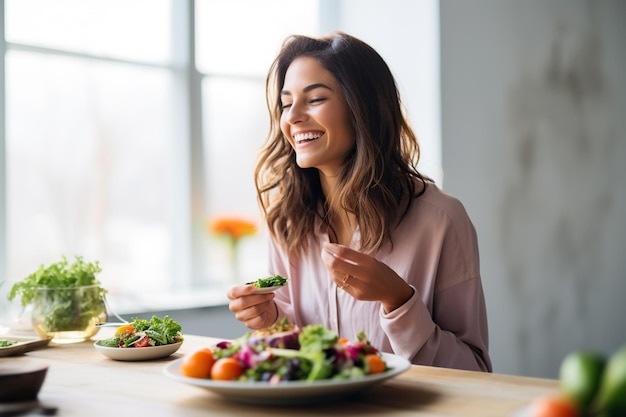 a woman holding two plates of food with vegetables falling out of them A woman carrying plates