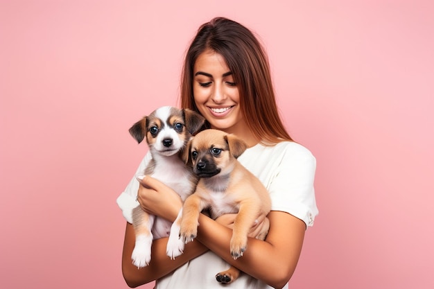 A woman holding two puppies on a pink background