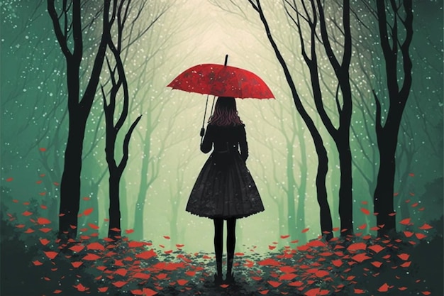 Woman holding an umbrella in a forest generative ai