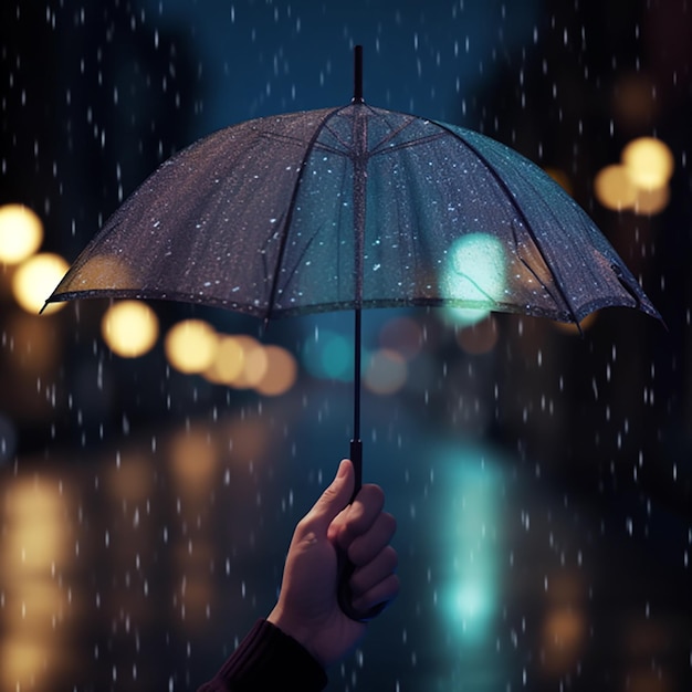 Woman holding umbrella under rain on dark background closeup