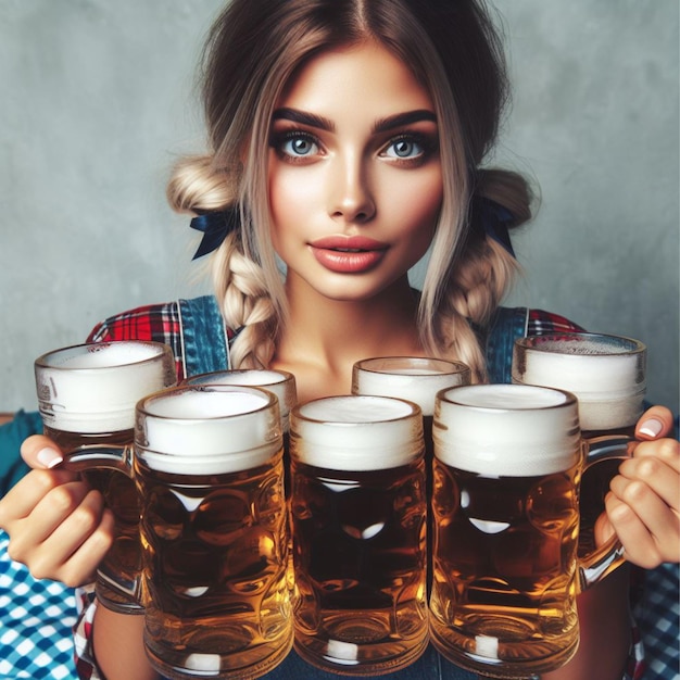 a woman holding up a bunch of mugs of beer