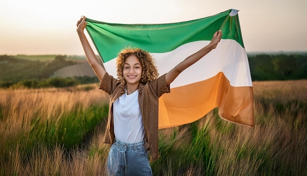 a woman holding up a flag that says italy