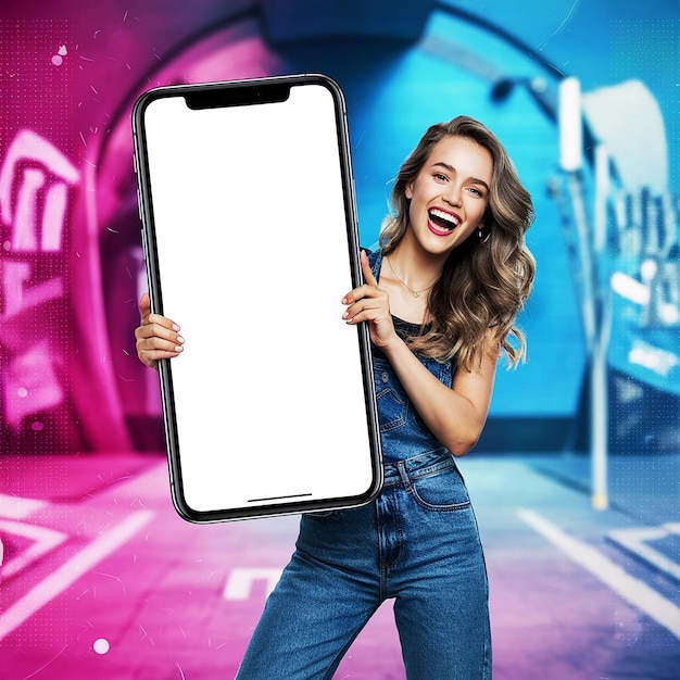 Woman holding up a large smartphone ads for new website