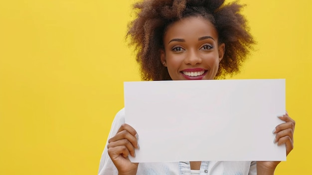 a woman holding up a piece of paper with a yellow background