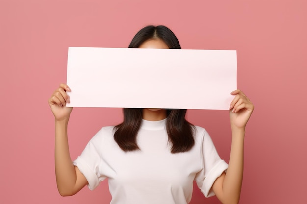 A woman holding up a white sign in front of her face generative ai image