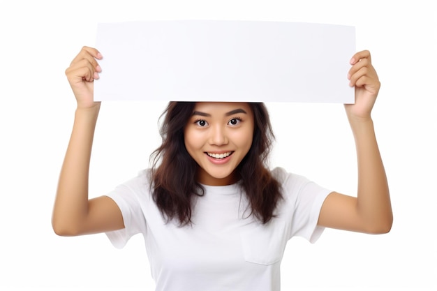 A woman holding up a white sign in front of her face generative ai image