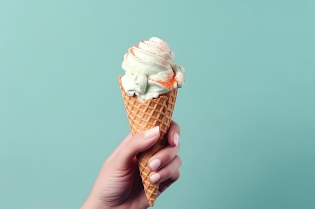 Woman holding waffle cone with delicious ice cream AI