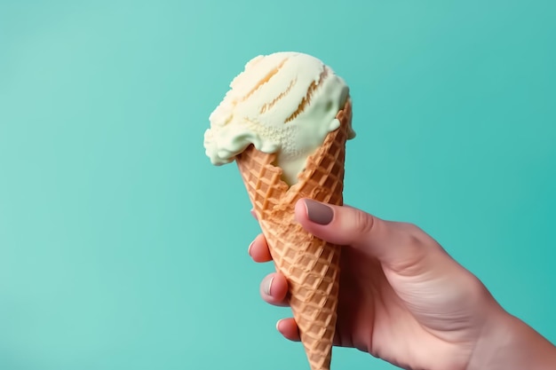 Woman holding waffle cone with delicious ice cream