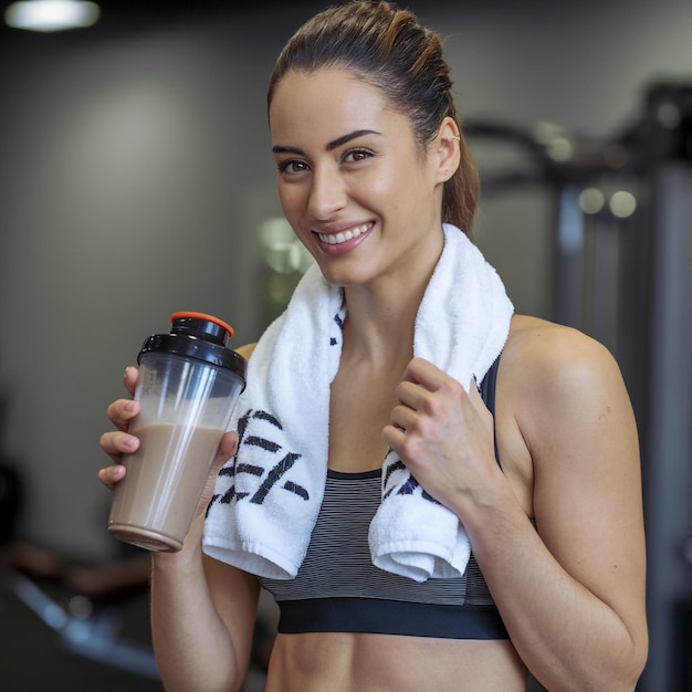 Photo a woman holding a water bottle with the letters f