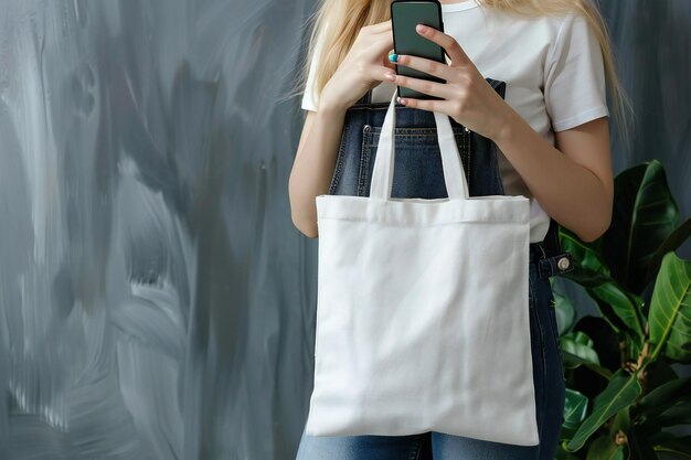 Photo a woman holding a white bag that says quot she is holding it quot