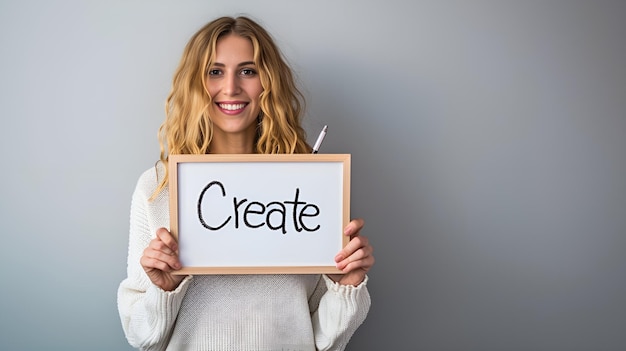 Woman Holding White Board with the Text of Create in Woman holding white board text create portrait