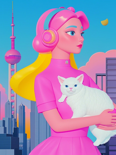 a woman holding a white cat in her arms with a city in the background