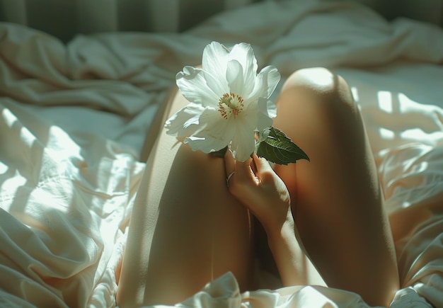 Photo woman holding a white flower in bed