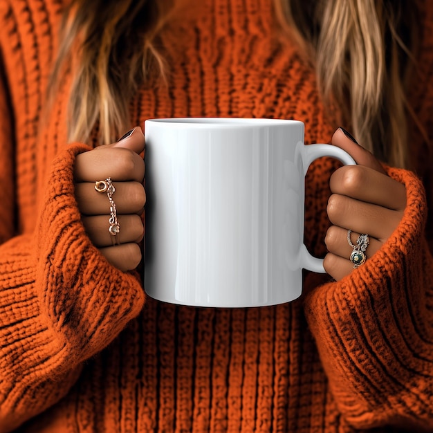 Photo a woman holding a white mug with a gold ring on it