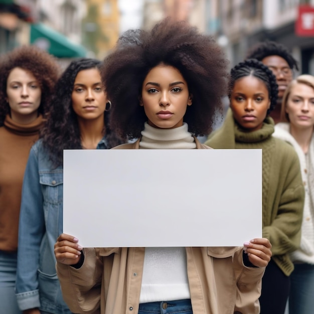 A woman holding a white sign in front of a storefront.