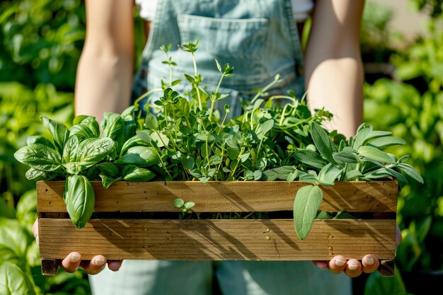 Photo a woman holding a wooden box with a bunch of green basil