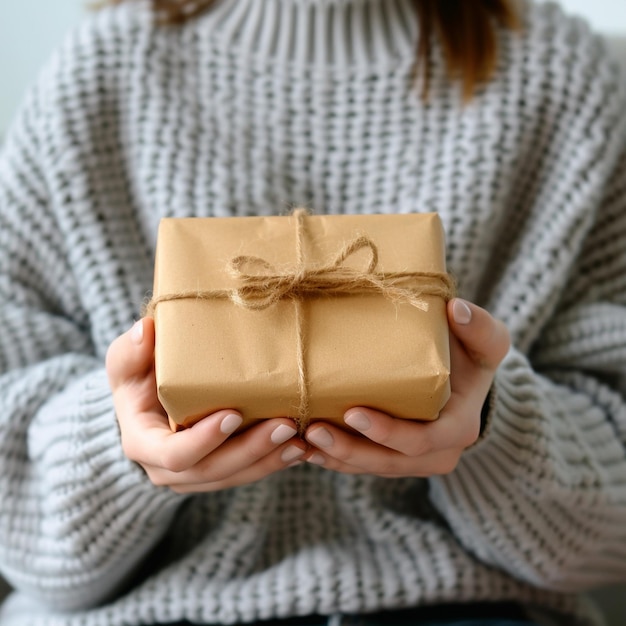 a woman holding a wrapped gift in her hands