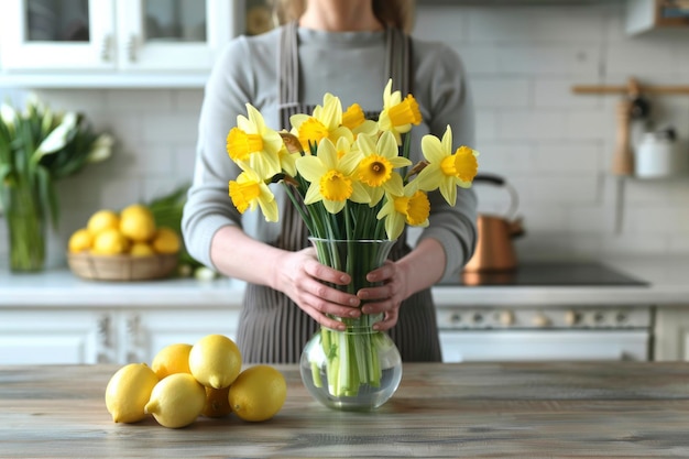 woman holding yellow daffodils in glass jar on a wooden table and a plate full of lemons beside it against blur kitchen background