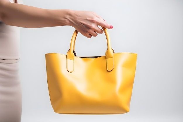 A woman holding a yellow handbag with a black handle.