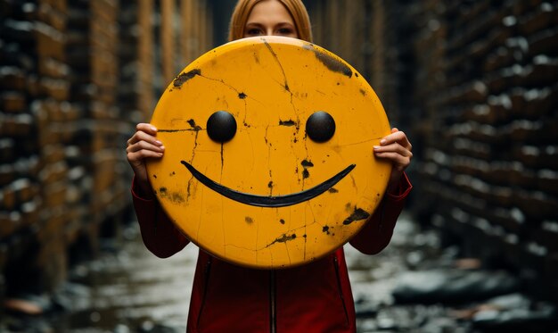 Photo a woman holding a yellow smiley face sign