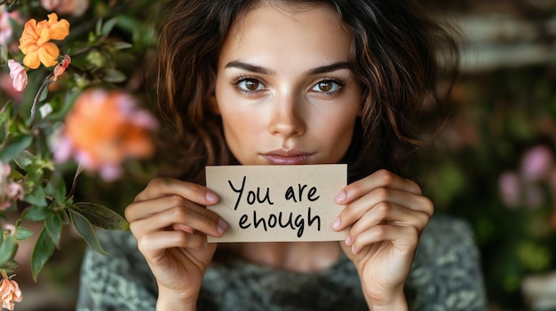 Photo woman holding you are enough card selflove mental health awareness positive affirmation emotional support selfcare motivation personal growth concept