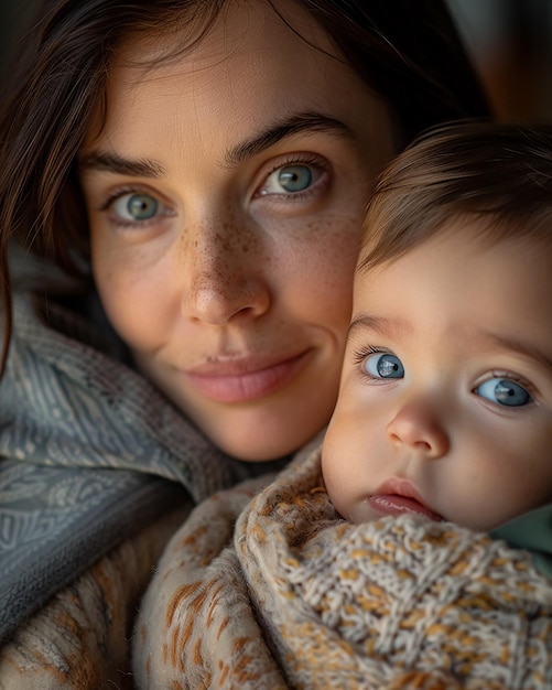 a woman holds a baby and a baby with freckles on her face